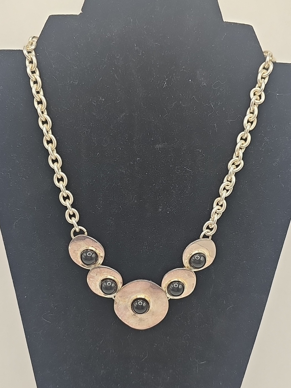 Silver-Tone Black Cabochon Statement Necklace.
